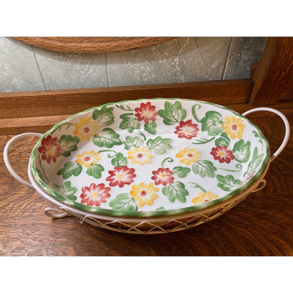 Temp-tations by Tara Floral Ceramic Oval Baker with Wire Rack and Wicker Base